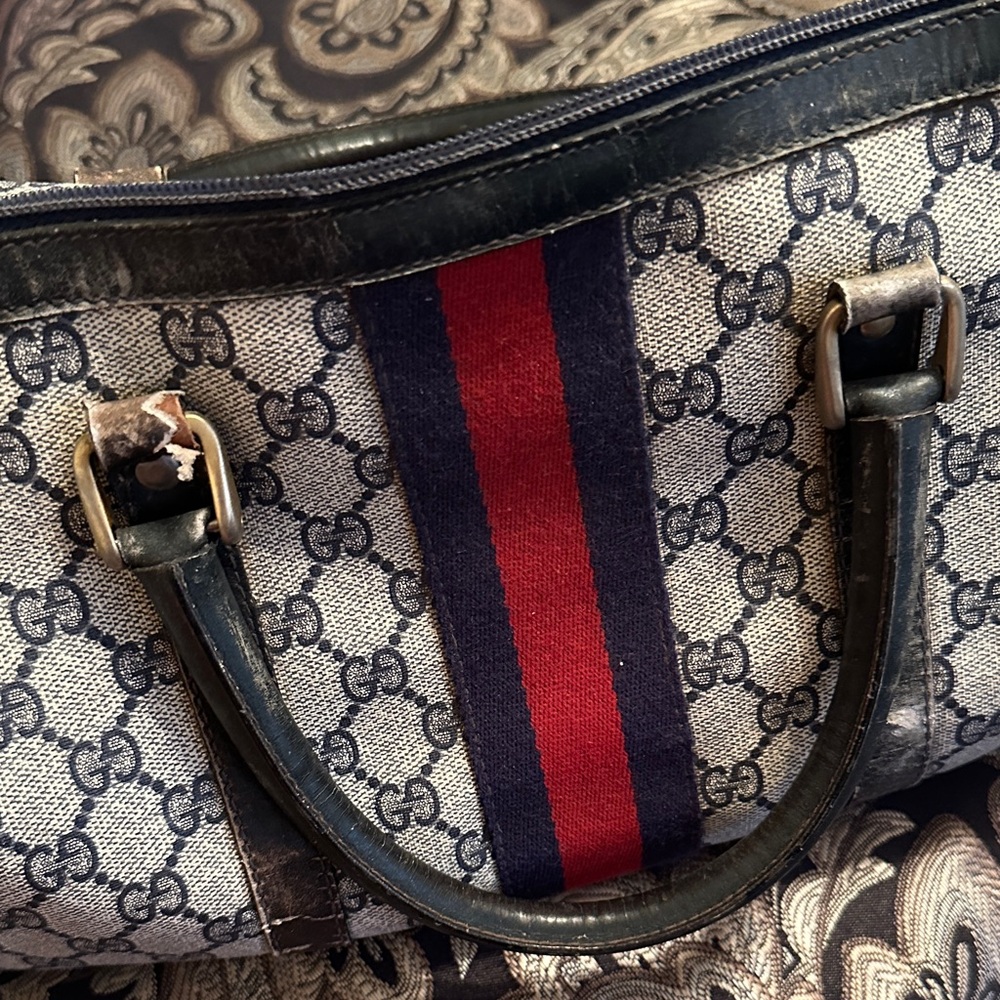 Gucci Beige Monogram Tote with Red and Navy Stripe - Picture 3 of 12
